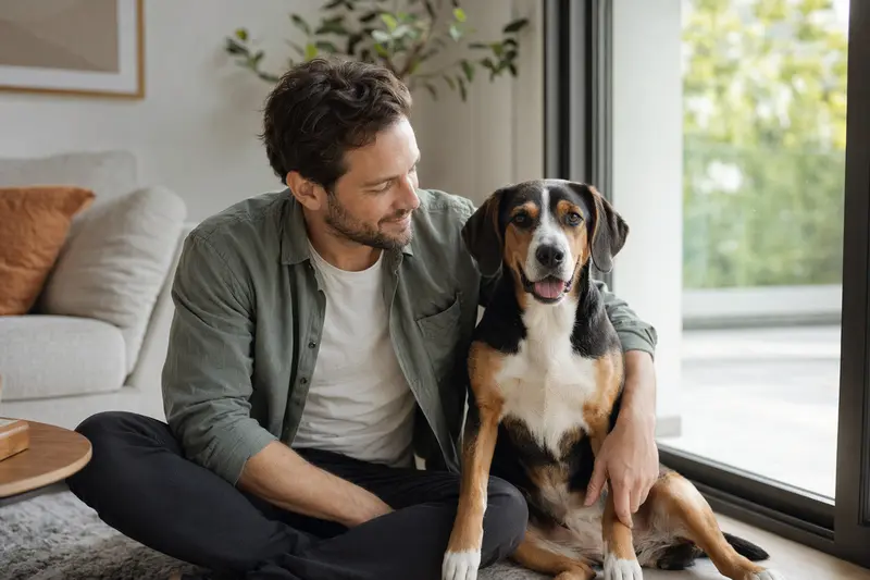 Glücklicher Hund genießt Zeit mit seinem Besitzer in einer modernen Wohnung.