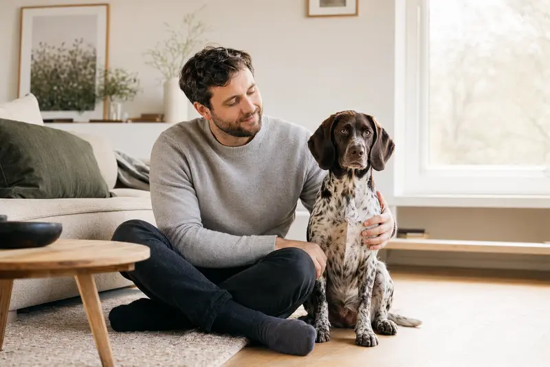 Ein entspannter Schweizerischer Niederlaufhund sitzt neben seinem Besitzer in einer hellen, modernen Wohnung.