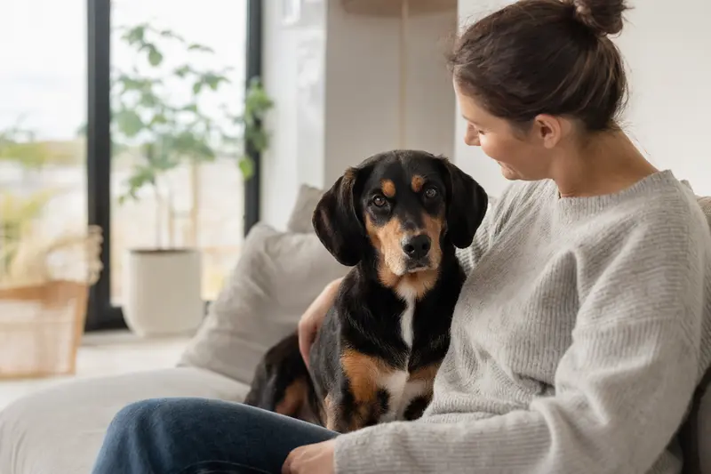 Ein entspannter Schwyzer Laufhund sitzt neben seinem Besitzer in einer modernen Wohnung und vermittelt eine vertrauensvolle Atmosphäre.