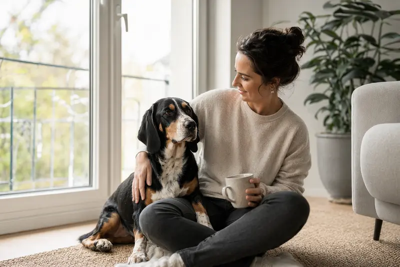 Ein entspannter Schwyzer Niederlaufhund sitzt neben seinem Besitzer in einer modernen Wohnung und vermittelt eine vertrauensvolle Atmosphäre.