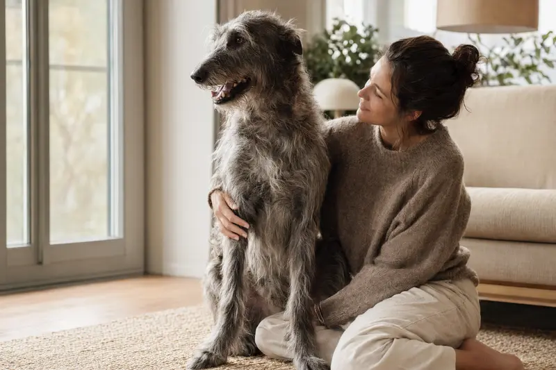 Ein glücklicher Scottish Deerhound sitzt entspannt neben seinem Halter in einer hellen modernen Wohnung und vermittelt Vertrauen rund um die Hundekrankenversicherung.