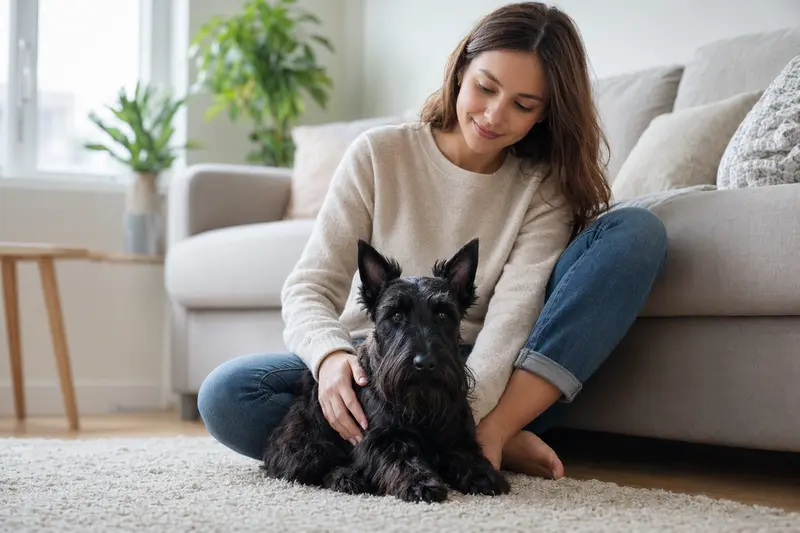 Ein gesunder Scottish Terrier sitzt entspannt neben seinem Halter in einer modernen Wohnung, umgeben von warmem Licht.