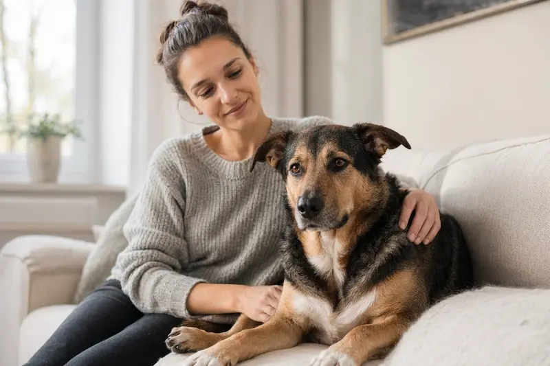 Ein glücklicher Segusier sitzt entspannt neben seinem Besitzer in einer hellen Wohnung und strahlt Zufriedenheit aus.