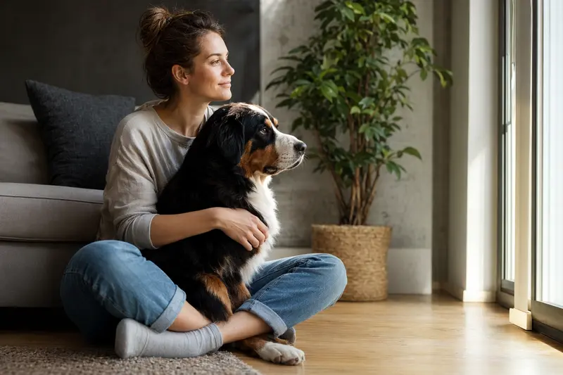 Ein entspannter Sennenhund sitzt glücklich neben seinem Besitzer in einer modernen Wohnung und genießt die vertrauensvolle Atmosphäre.