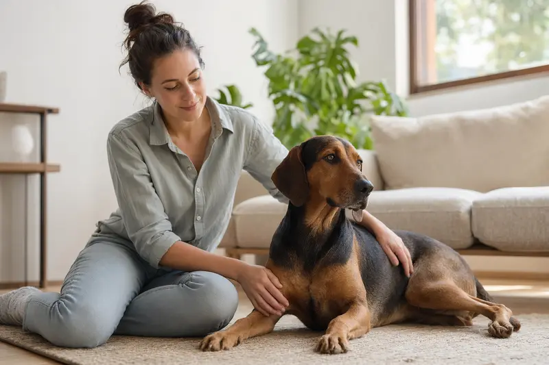 Ein entspannter serbischer Laufhund sitzt mit seinem Besitzer in einer hellen Wohnung und strahlt Zufriedenheit aus.