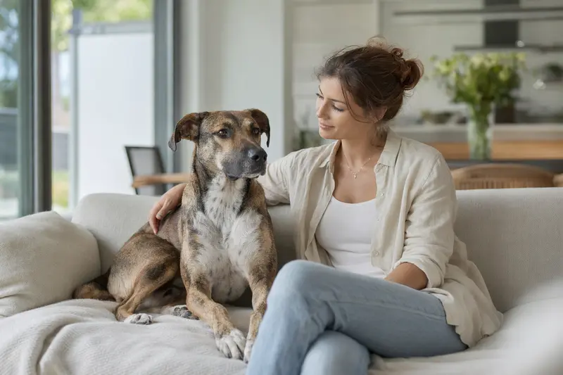 Eine gesunde Serengeti sitzt entspannt neben ihrem Besitzer in einer hellen, modernen Wohnung.