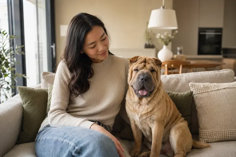 Ein entspannter Shar-Pei sitzt neben seinem Halter in einer modernen Wohnung und genießt die vertrauensvolle Atmosphäre.