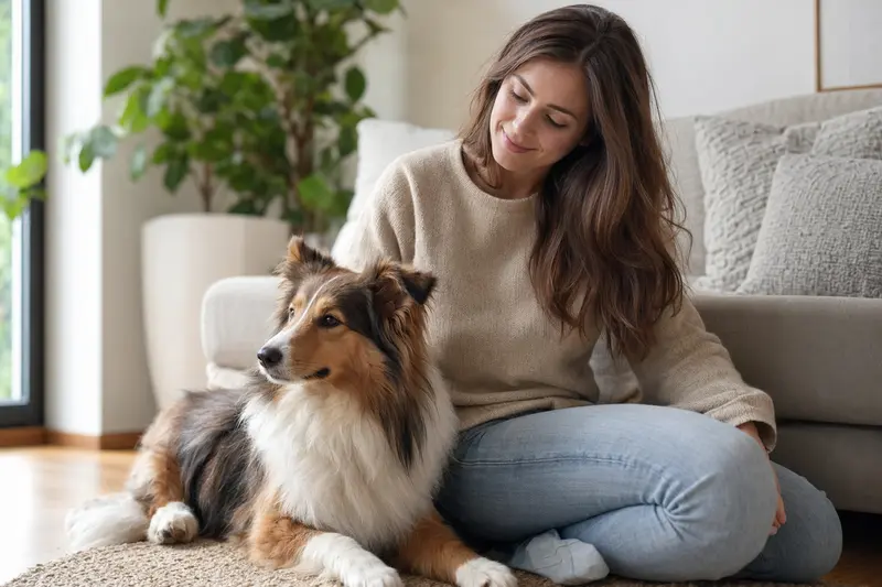 Ein glücklicher Sheltie sitzt entspannt neben seinem Halter in einer hellen modernen Wohnung und vermittelt Vertrauen rund um die Hundekrankenversicherung.
