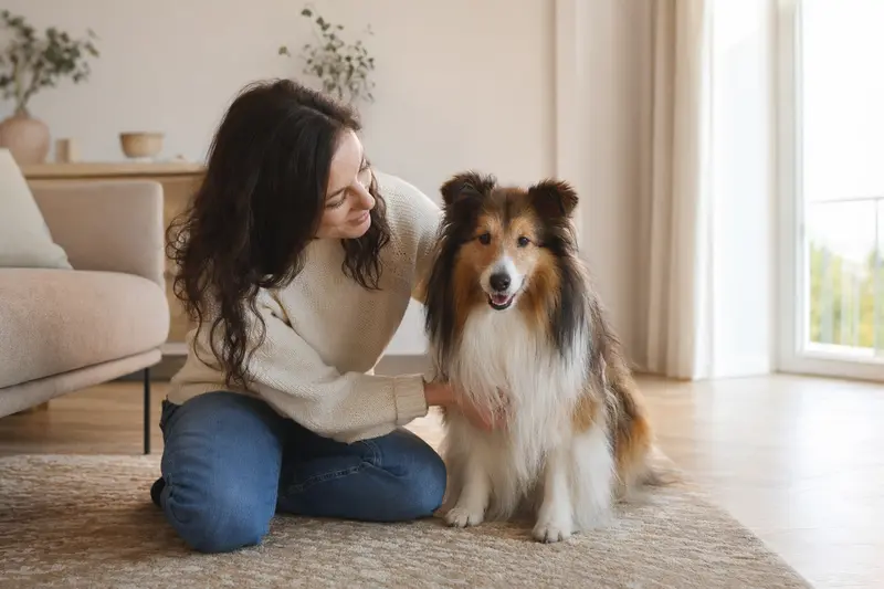 Ein entspannter Shetland Sheepdog sitzt neben seinem Besitzer in einer modernen Wohnung und strahlt Vertrauen aus.