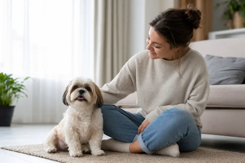 Ein glücklicher Shih Tzu sitzt entspannt neben seinem Besitzer in einer hellen Wohnung.