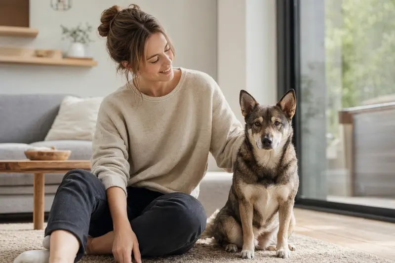 Ein entspannter Shikoku Hund sitzt glücklich neben seinem Besitzer in einer modernen Wohnung.