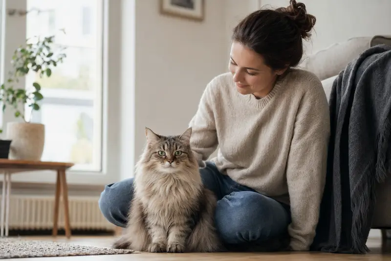 Entspannte Sibirische Katze sitzt neben ihrem Besitzer in einer hellen Wohnung.
