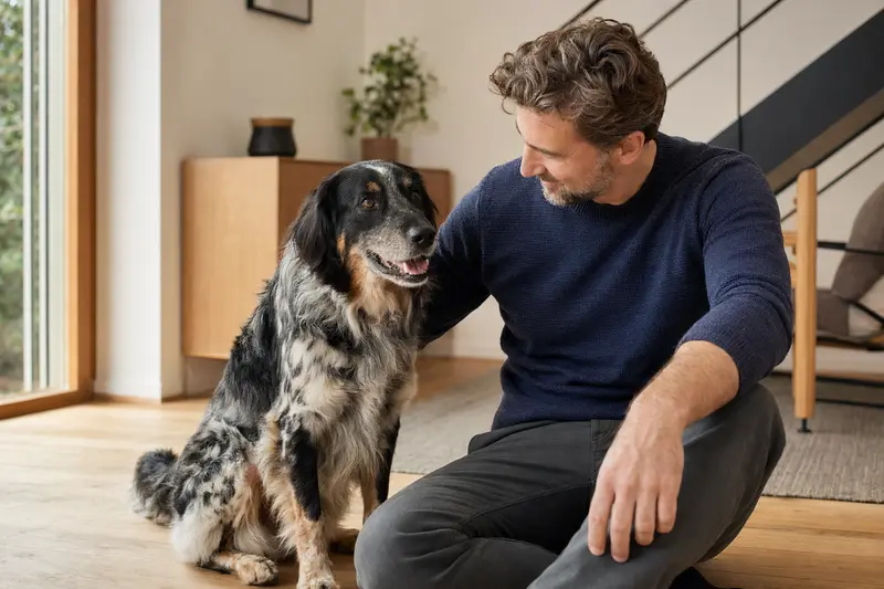 Ein glücklicher Siegener Kuhhund sitzt entspannt neben seinem Besitzer in einer modernen Wohnung.