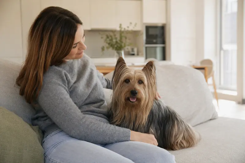Glücklicher Skye Silky Terrier sitzt entspannt neben seinem Halter in einer hellen modernen Wohnung – ein passendes Motiv für Hundekrankenversicherung und Tiergesundheit.