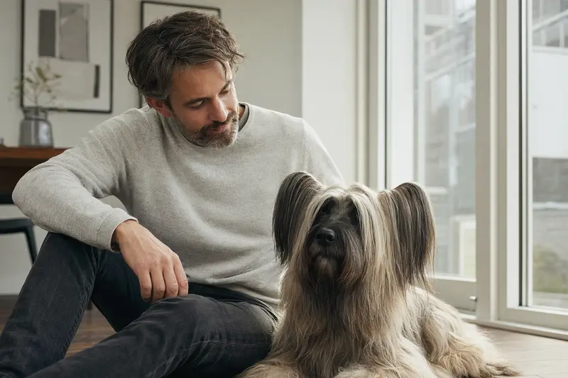 Ein entspannter Skye Terrier sitzt neben seinem Besitzer in einer hellen Wohnung und strahlt Lebensfreude aus.