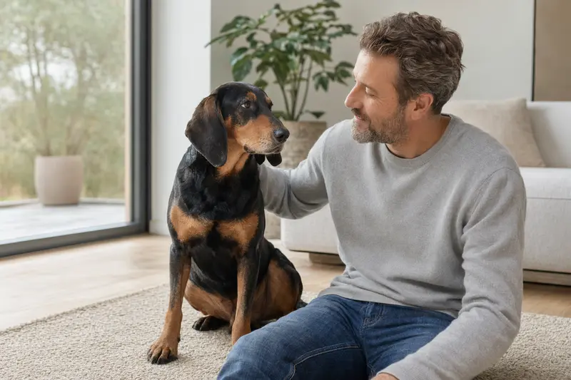 Ein glücklicher Slowakischer Laufhund sitzt entspannt neben seinem Halter in einer modernen Wohnung.