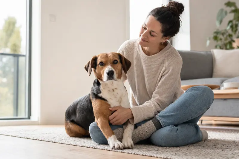 Ein glücklicher Smaland-Bracke sitzt entspannt neben seinem Besitzer in einer modernen Wohnung.