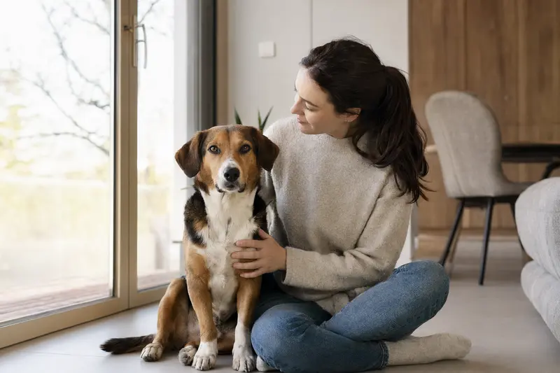 Ein glücklicher Smaland-Laufhund sitzt entspannt neben seinem Besitzer in einer hellen Wohnung.