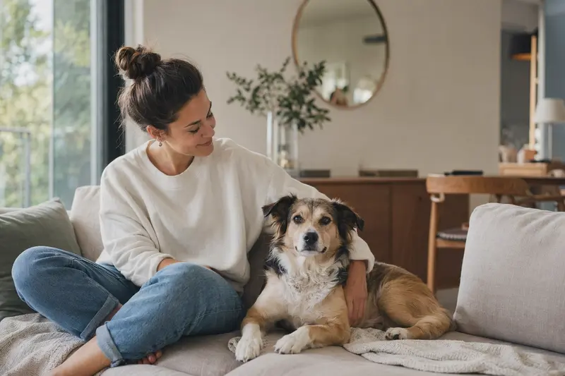 Glücklicher Small Greek Domestic Dog sitzt entspannt neben seinem Halter in einer hellen Wohnung als passendes Hero-Bild für eine Hundeversicherung.