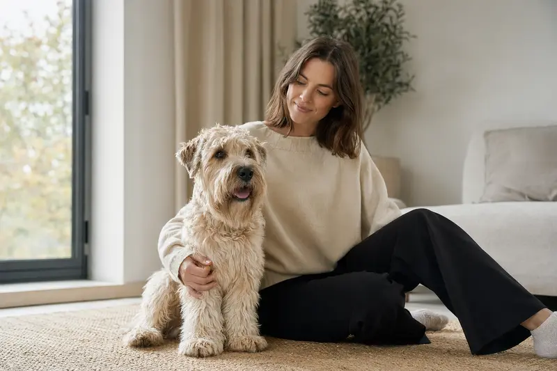 Ein glücklicher Soft-Coated Wheaten Terrier sitzt entspannt neben seinem Halter in einer modernen Wohnung.