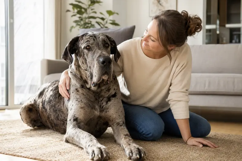 Ein glücklicher Hund, eine Spanische Dogge, sitzt entspannt neben seinem Besitzer in einer modernen Wohnung.