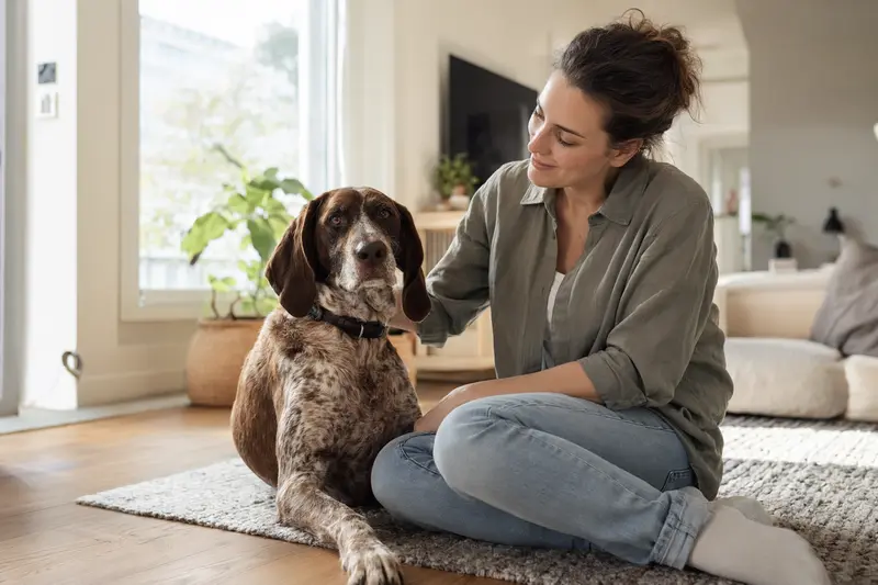 Ein glücklicher Spanischer Laufhund sitzt entspannt neben seinem Besitzer in einer modernen Wohnung.