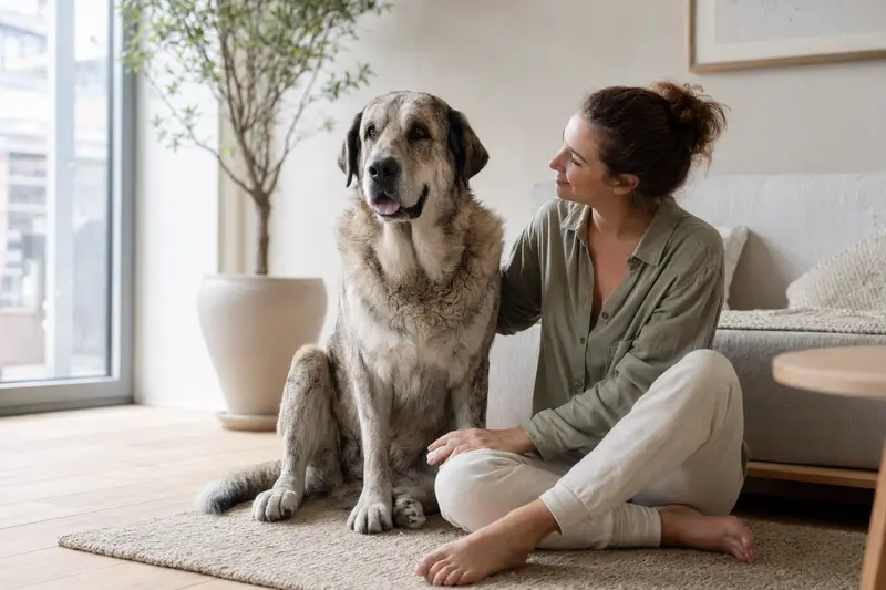 Ein entspannter Spanischer Mastiff sitzt neben seinem Halter in einer hellen, modernen Wohnung.