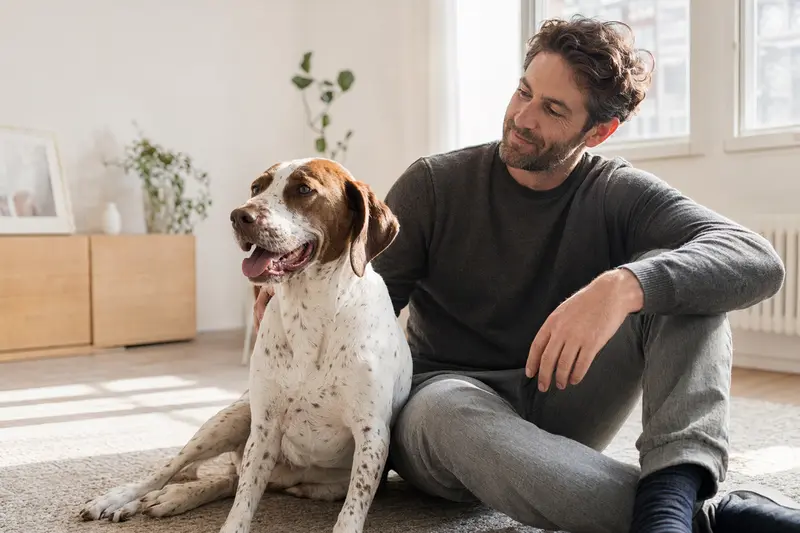 Ein entspannter Spanischer Pointer neben seinem Besitzer in einer modernen Wohnung, die eine vertrauensvolle Atmosphäre ausstrahlt.
