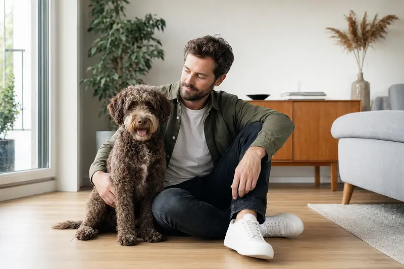 Ein entspannter Spanischer Wasserhund sitzt neben seinem Halter in einer hellen Wohnung und strahlt Zufriedenheit aus.