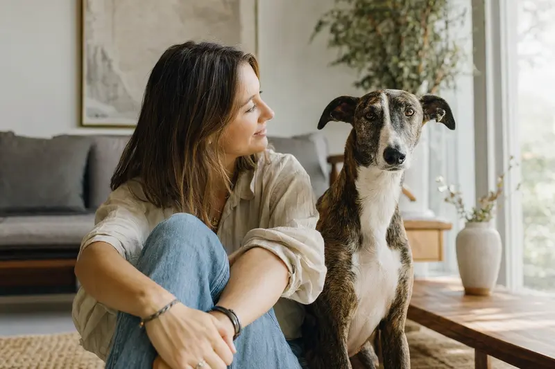 Ein entspannter Spanischer Windhund sitzt vertrauensvoll neben seinem Halter in einer modernen Wohnung.