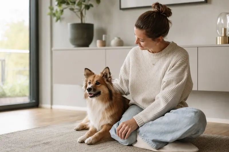Ein entspannter Spitz sitzt neben seinem Besitzer in einer hellen Wohnung und genießt die vertrauensvolle Atmosphäre.