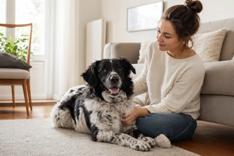 Ein glücklicher Stabij sitzt entspannt neben seinem Besitzer in einer hellen Wohnung und strahlt Vertrauen aus.