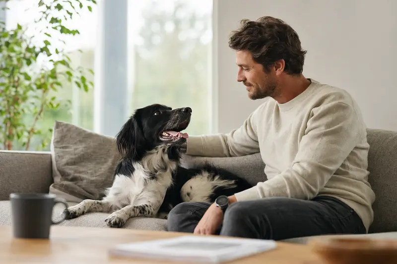 Ein glücklicher Hund sitzt entspannt neben seinem Besitzer in einer modernen Wohnung und strahlt Freude aus.
