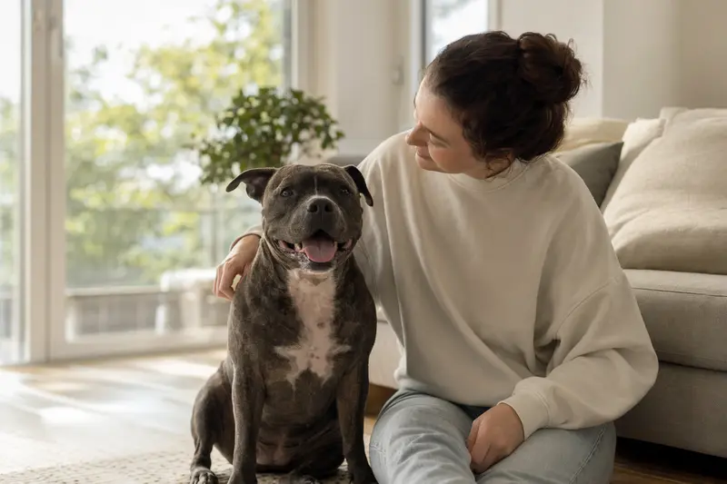 Ein entspannter Staffordshire Bull Terrier sitzt neben seinem Halter in einer modernen Wohnung.