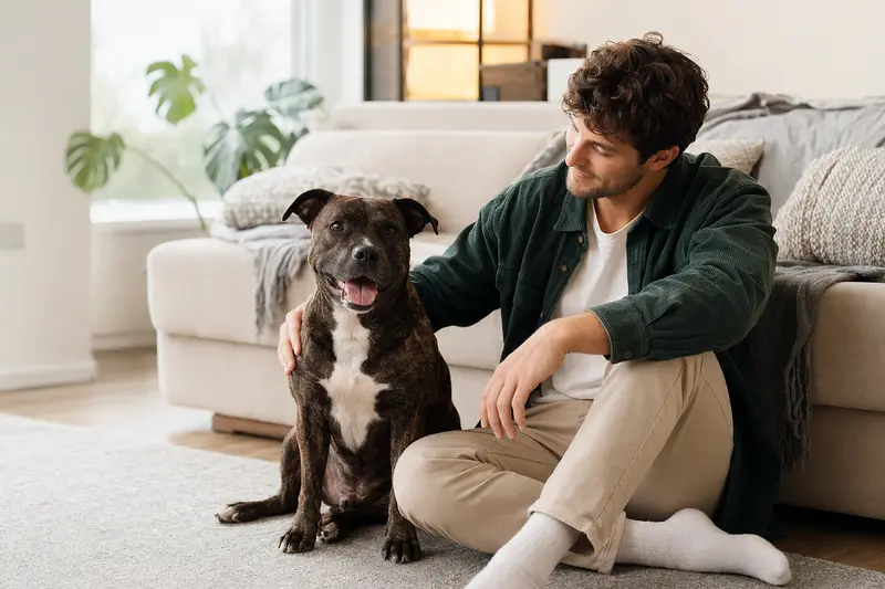 Ein entspannter Staffordshire Bullterrier sitzt neben seinem Besitzer in einer hellen Wohnung und genießt die vertrauensvolle Atmosphäre.