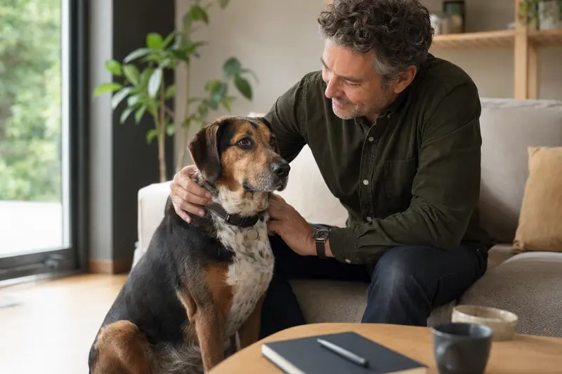 Ein glücklicher Hund, ein Steinbracke, sitzt entspannt neben seinem Halter in einer modernen Wohnung.