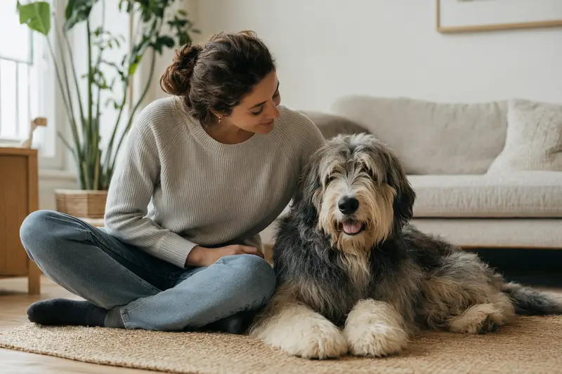Ein glücklicher Südrussische Owtscharka sitzt entspannt neben seinem Halter in einer hellen, modernen Wohnung als vertrauensvolles Hero-Bild zum Thema Hundeversicherung.