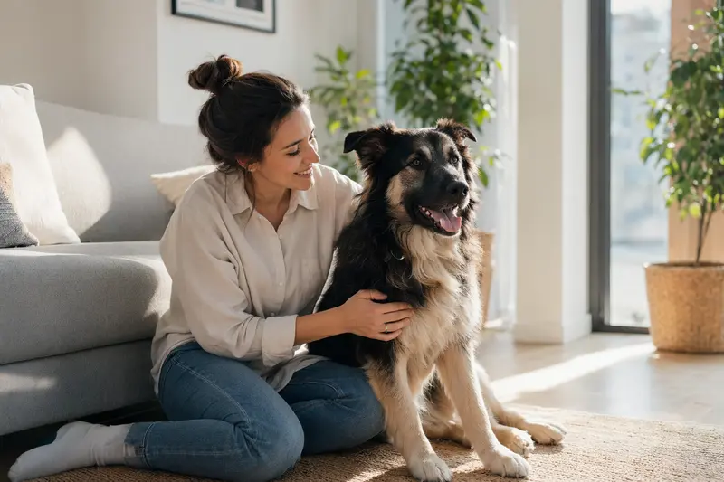 Ein glücklicher Südrussischer Schäferhund sitzt entspannt neben seinem Halter in einer modernen Wohnung und strahlt Vertrauen aus.