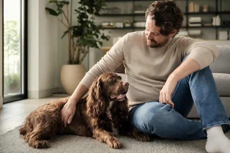 Ein entspannter Sussex Spaniel sitzt neben seinem Besitzer in einer modernen Wohnung mit warmem Licht.