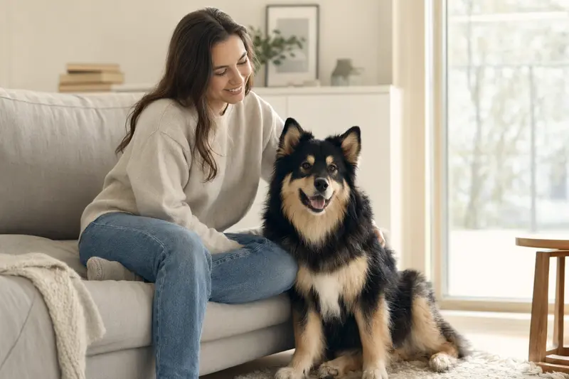 Ein glücklicher Svensk Lapphund sitzt neben seinem Besitzer in einer hellen, modernen Wohnung und genießt die ruhige Atmosphäre.