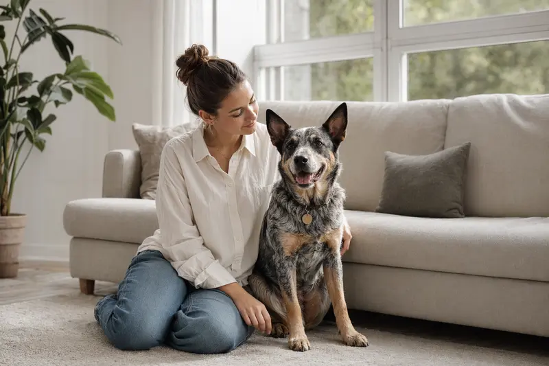 Glücklicher Swedish Cattle Dog sitzt entspannt neben seinem Halter in einer hellen Wohnung mit viel Platz für Text.