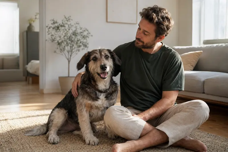 Glücklicher Hund sitzt entspannt neben seinem Halter in einer modernen Wohnung und vermittelt eine vertrauensvolle Atmosphäre.