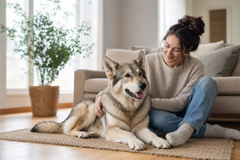 Ein glücklicher Tamaskan-Hund sitzt entspannt neben seinem Besitzer in einer hellen Wohnung und strahlt Zufriedenheit aus.