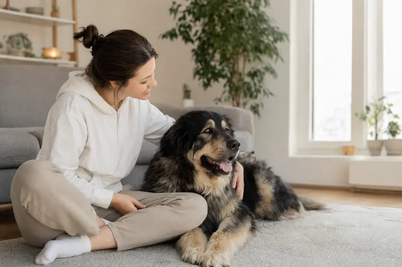 Ein Tatra-Hirtenhund mit seinem Besitzer in einer modernen Wohnung mit natürlichem Licht.