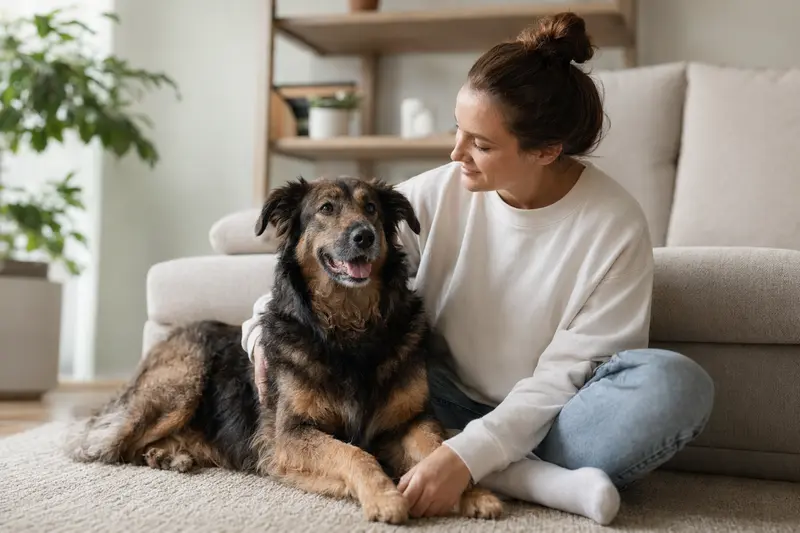 Ein glücklicher Tatrahund sitzt neben seinem Besitzer in einer hellen Wohnung und vermittelt eine vertrauensvolle Atmosphäre.