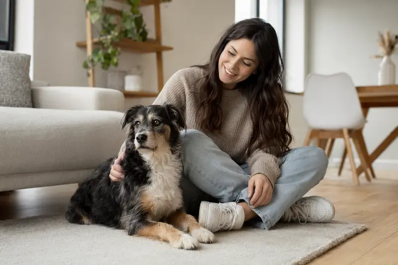 Ein glücklicher Hund sitzt entspannt neben seinem Besitzer in einer modernen Wohnung.
