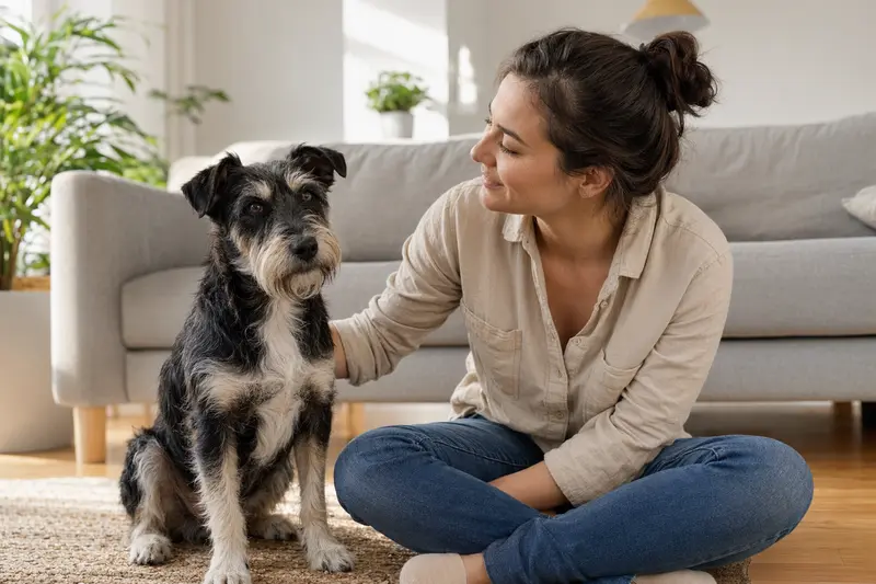 Ein glücklicher Tchiorny Terrier sitzt entspannt neben seinem Besitzer in einer modernen Wohnung.