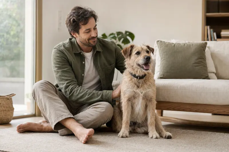 Ein glücklicher Terrier Brasileiro sitzt entspannt neben seinem Besitzer in einer modernen Wohnung.