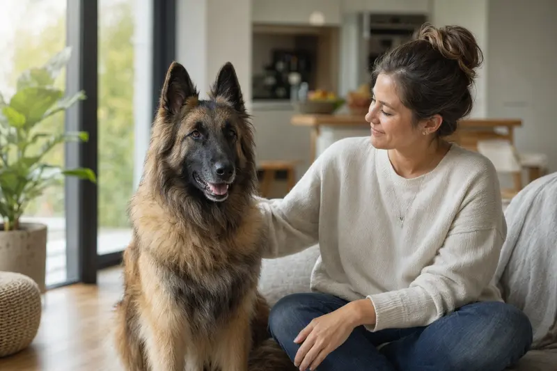 Ein glücklicher Tervueren sitzt entspannt neben seinem Halter in einer hellen modernen Wohnung und vermittelt Vertrauen rund um die Hundeversicherung.