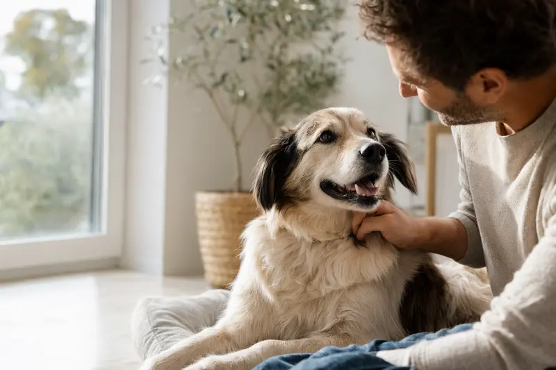 Ein glücklicher Hund sitzt entspannt neben seinem Halter in einer hellen, modernen Wohnung.